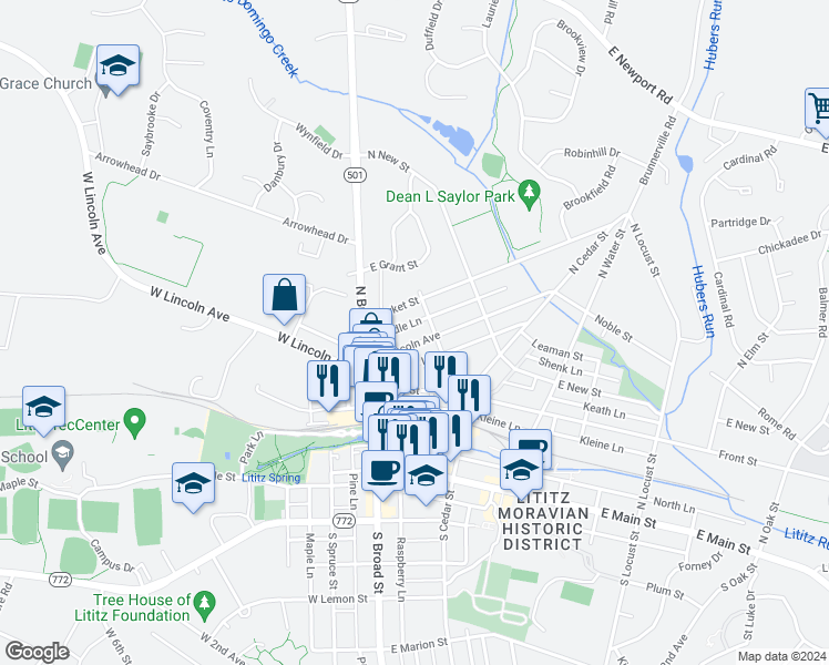 map of restaurants, bars, coffee shops, grocery stores, and more near 47 East Lincoln Avenue in Lititz