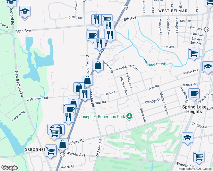 map of restaurants, bars, coffee shops, grocery stores, and more near 32 Old Mill Court in Belmar