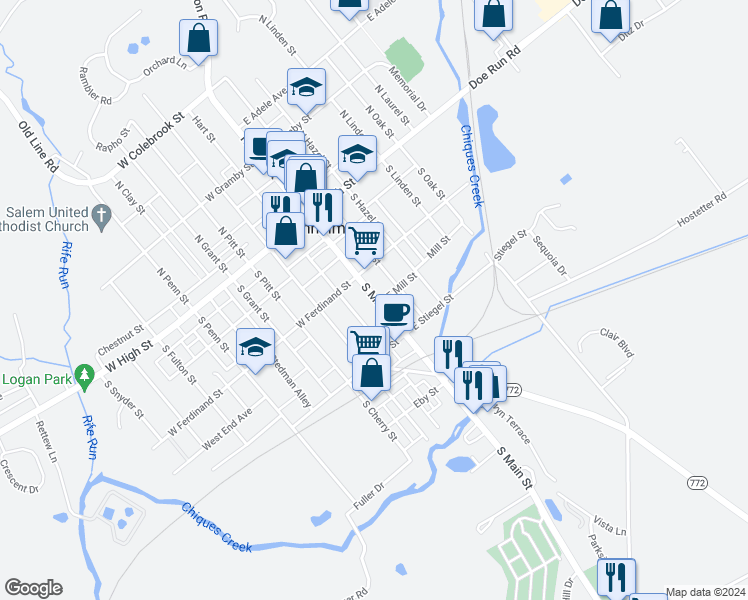 map of restaurants, bars, coffee shops, grocery stores, and more near 134 South Main Street in Manheim