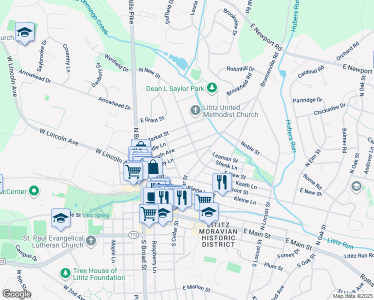 map of restaurants, bars, coffee shops, grocery stores, and more near 134 E Lincoln Ave in Lititz