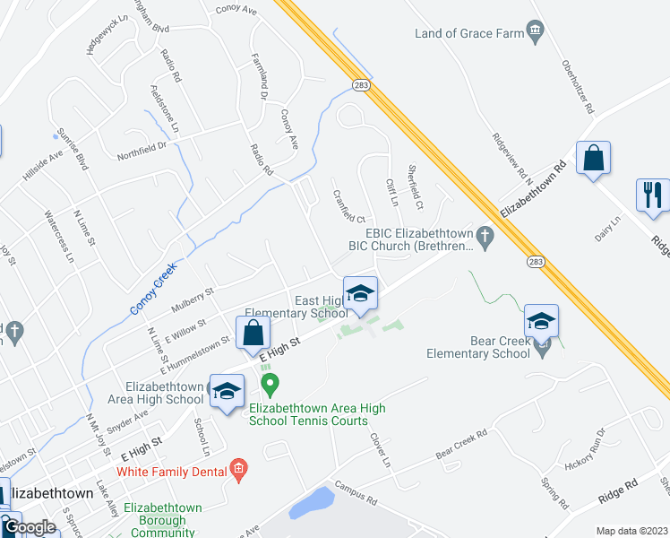 map of restaurants, bars, coffee shops, grocery stores, and more near 9 Willow Ridge in Elizabethtown