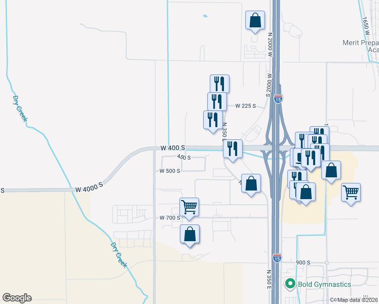 map of restaurants, bars, coffee shops, grocery stores, and more near 2480 West 450 South in Springville
