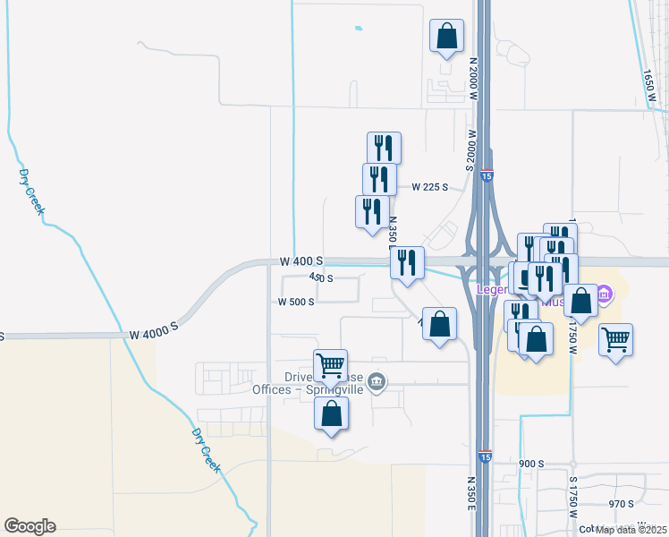 map of restaurants, bars, coffee shops, grocery stores, and more near 2480 450 South in Springville