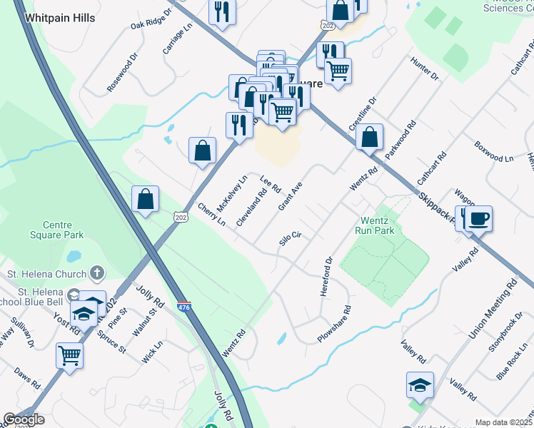 map of restaurants, bars, coffee shops, grocery stores, and more near 1147 Grant Avenue in Center Square