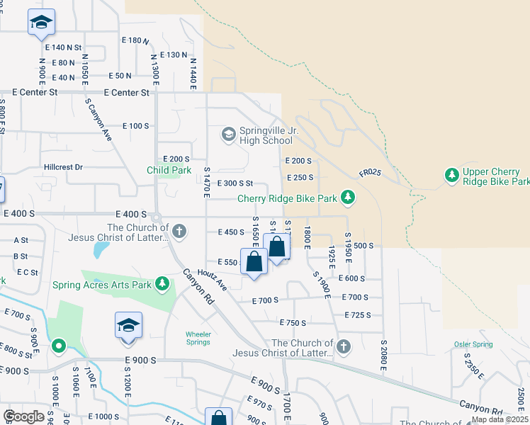 map of restaurants, bars, coffee shops, grocery stores, and more near 1665 East 400 South in Springville