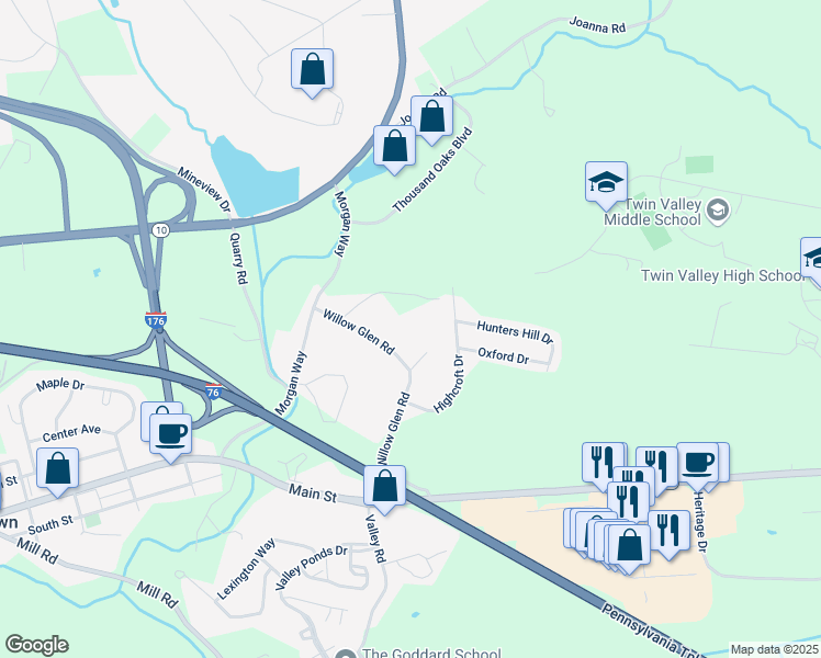 map of restaurants, bars, coffee shops, grocery stores, and more near 400 Willow Glen Road in Morgantown