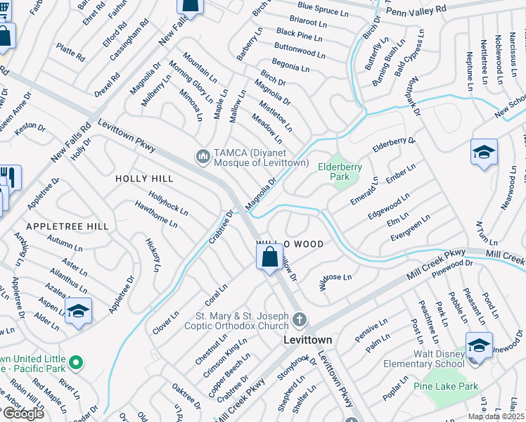 map of restaurants, bars, coffee shops, grocery stores, and more near 24 Eventide Place in Levittown