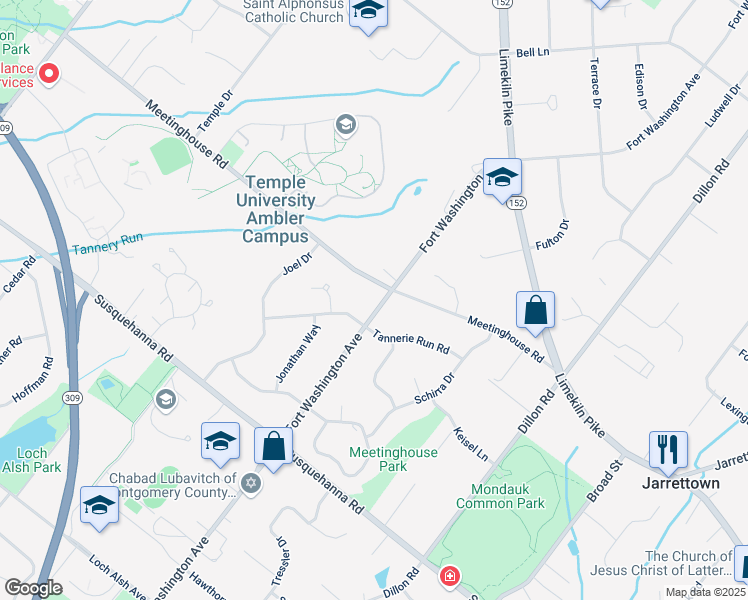 map of restaurants, bars, coffee shops, grocery stores, and more near 1472 Fort Washington Avenue in Ambler