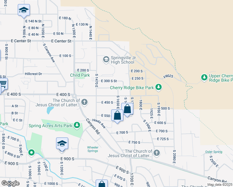 map of restaurants, bars, coffee shops, grocery stores, and more near 1665 East 400 South in Springville
