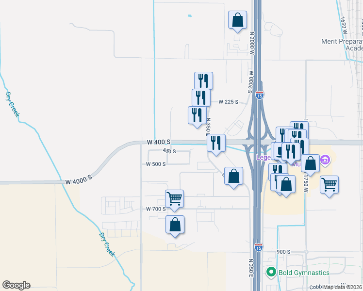 map of restaurants, bars, coffee shops, grocery stores, and more near 2480 West 450 South in Springville