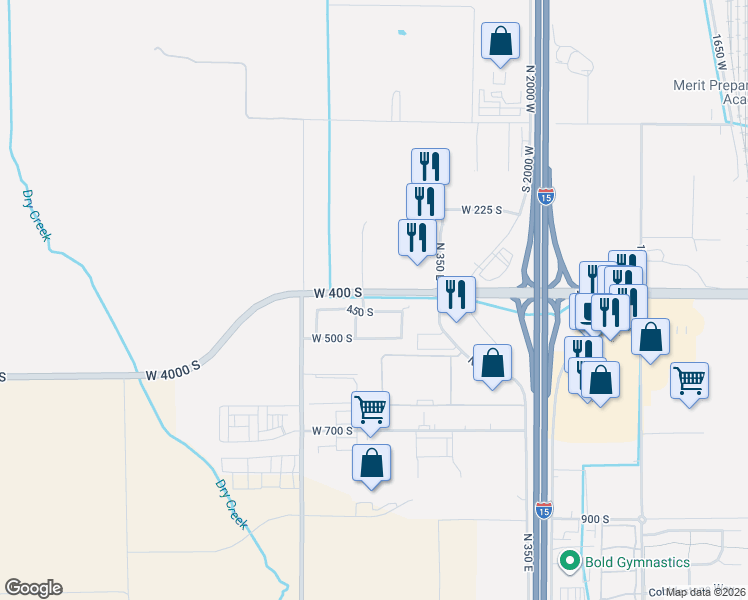 map of restaurants, bars, coffee shops, grocery stores, and more near 2480 West 450 South in Springville