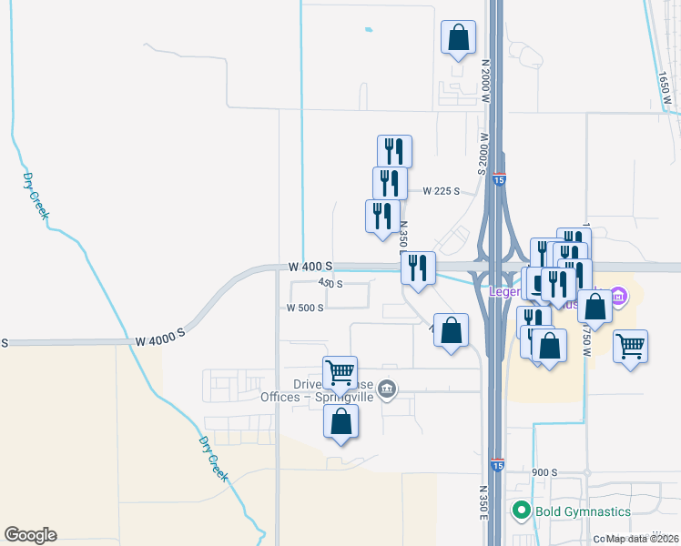 map of restaurants, bars, coffee shops, grocery stores, and more near 2480 West 450 South in Springville