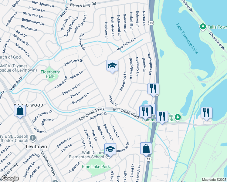 map of restaurants, bars, coffee shops, grocery stores, and more near 130 North Turn Lane in Levittown