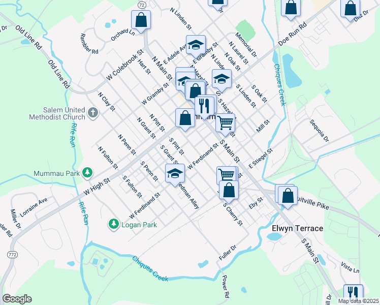 map of restaurants, bars, coffee shops, grocery stores, and more near 90 South Charlotte Street in Manheim