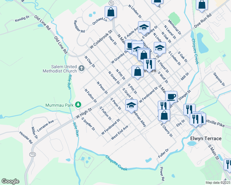 map of restaurants, bars, coffee shops, grocery stores, and more near 235 West High Street in Manheim