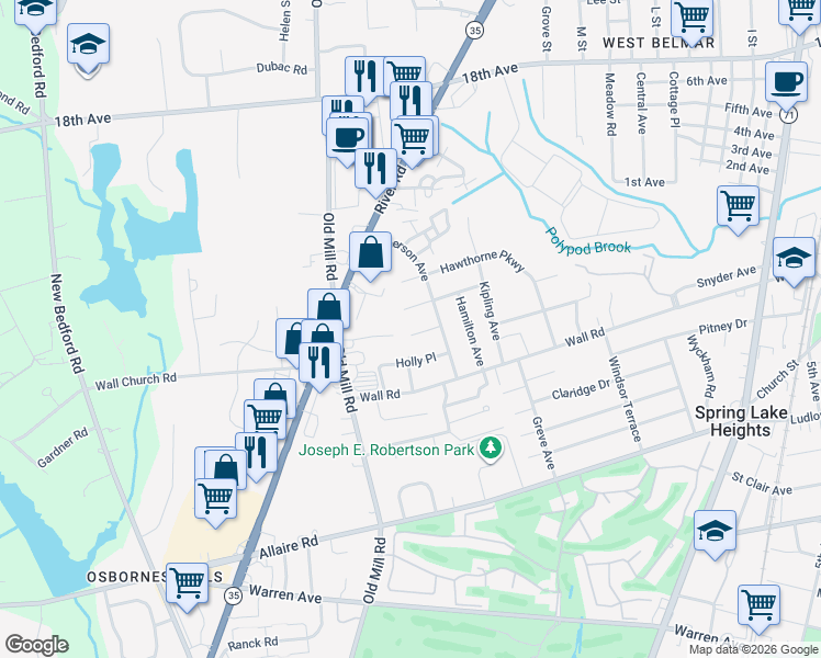 map of restaurants, bars, coffee shops, grocery stores, and more near 32 Old Mill Court in Belmar