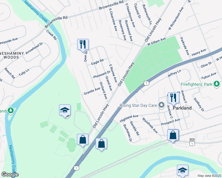 map of restaurants, bars, coffee shops, grocery stores, and more near 629 Grand Avenue in Langhorne