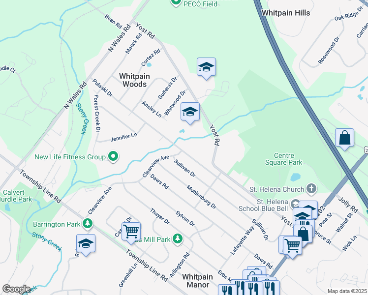 map of restaurants, bars, coffee shops, grocery stores, and more near 1681 Pulaski Drive in Blue Bell
