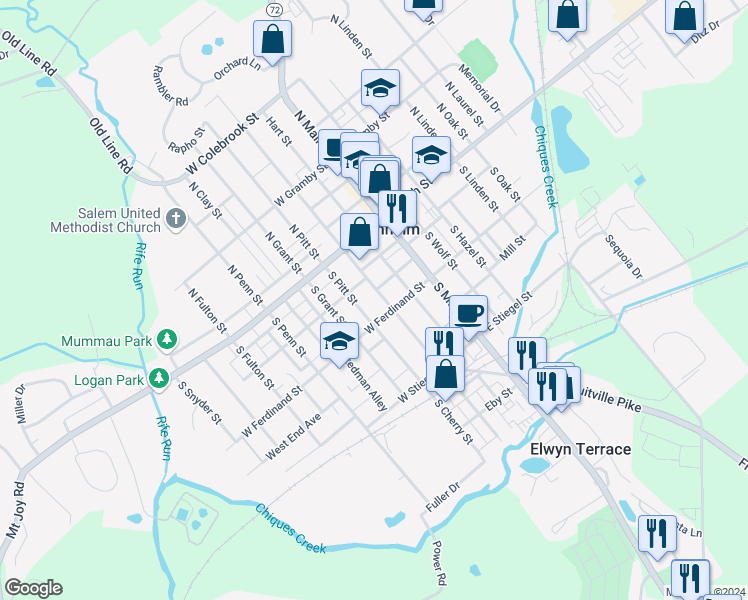 map of restaurants, bars, coffee shops, grocery stores, and more near 68 South Charlotte Street in Manheim