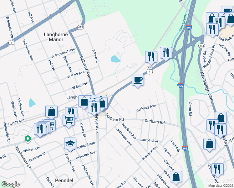 map of restaurants, bars, coffee shops, grocery stores, and more near 255 East Lincoln Highway in Penndel