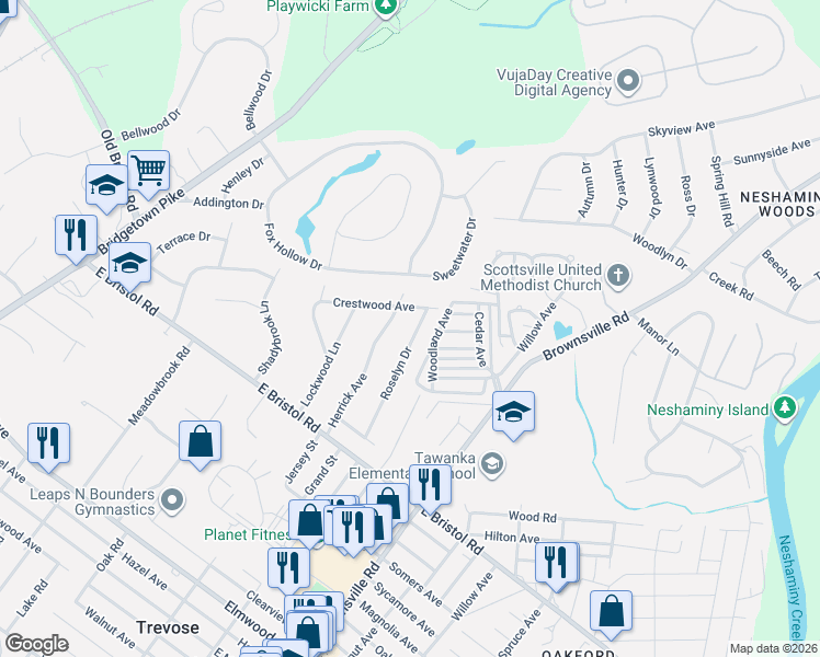 map of restaurants, bars, coffee shops, grocery stores, and more near 2058 Roselyn Drive in Feasterville-Trevose