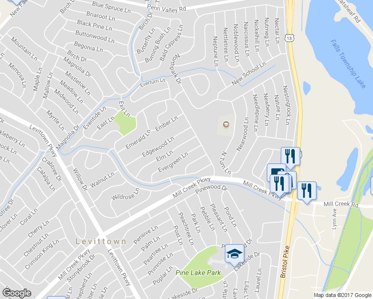 map of restaurants, bars, coffee shops, grocery stores, and more near 57 Evergreen Lane in Levittown