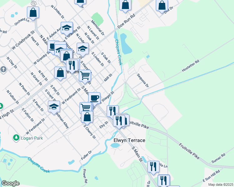 map of restaurants, bars, coffee shops, grocery stores, and more near 181 East Stiegel Street in Manheim