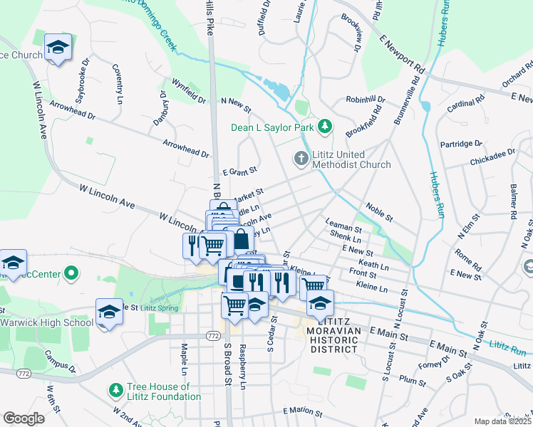 map of restaurants, bars, coffee shops, grocery stores, and more near 101 East Lincoln Avenue in Lititz