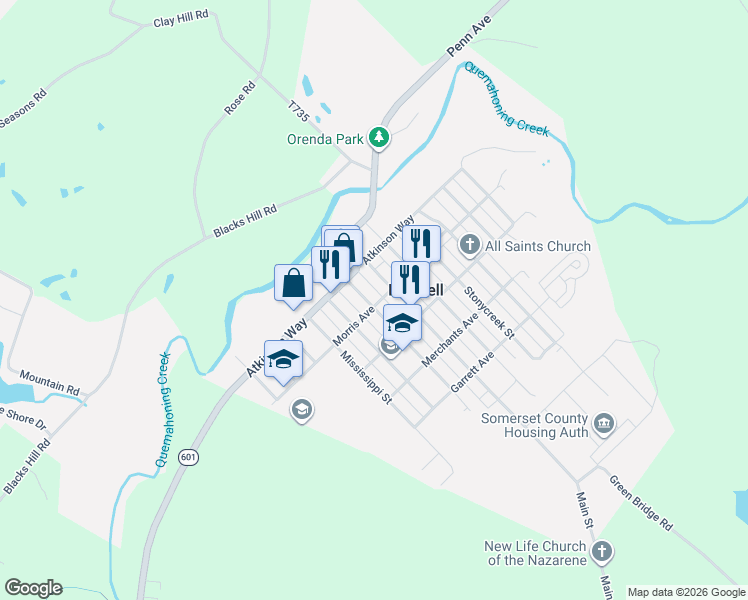 map of restaurants, bars, coffee shops, grocery stores, and more near 711 Morris Avenue in Boswell