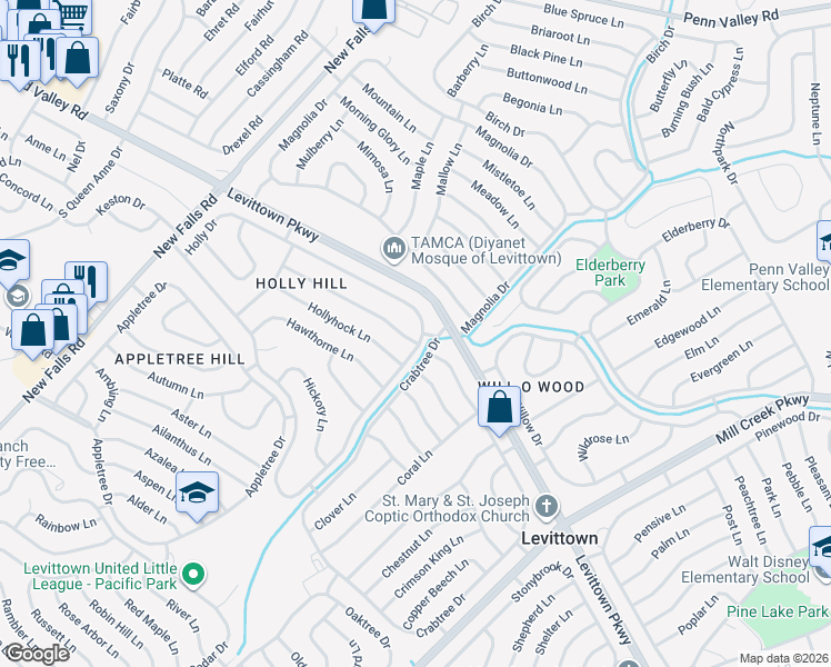 map of restaurants, bars, coffee shops, grocery stores, and more near 9 Huckleberry Lane in Levittown