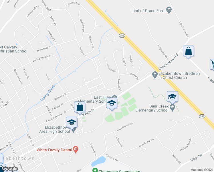 map of restaurants, bars, coffee shops, grocery stores, and more near 17 Willow Ridge in Elizabethtown
