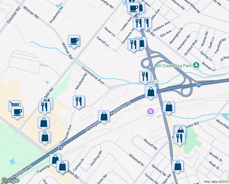 map of restaurants, bars, coffee shops, grocery stores, and more near 2501 Maryland Road in Willow Grove