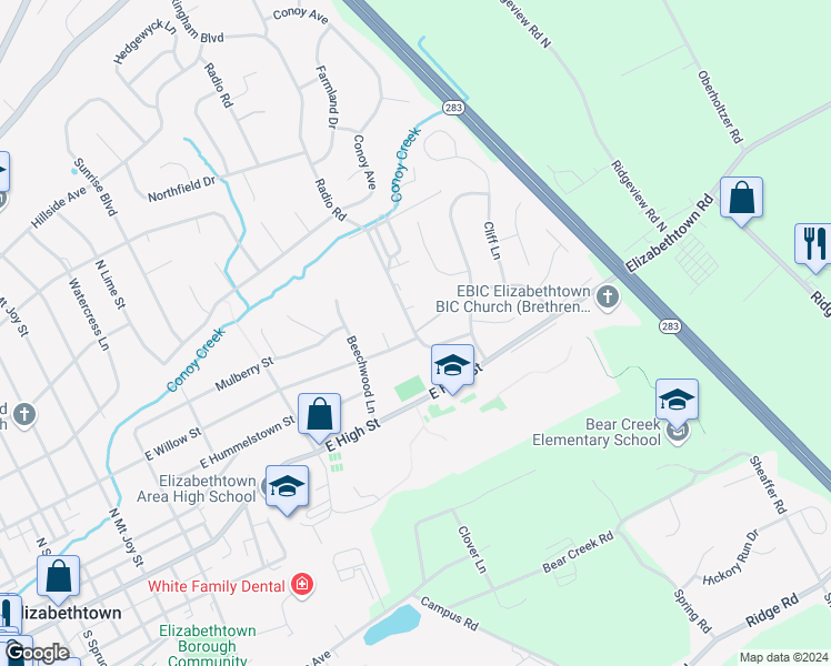 map of restaurants, bars, coffee shops, grocery stores, and more near 2 Willow Ridge in Elizabethtown