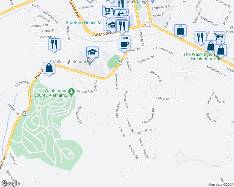 map of restaurants, bars, coffee shops, grocery stores, and more near 101 Dewey Avenue in Washington