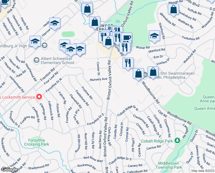 map of restaurants, bars, coffee shops, grocery stores, and more near 1420 Bristol Oxford Valley Road in Levittown