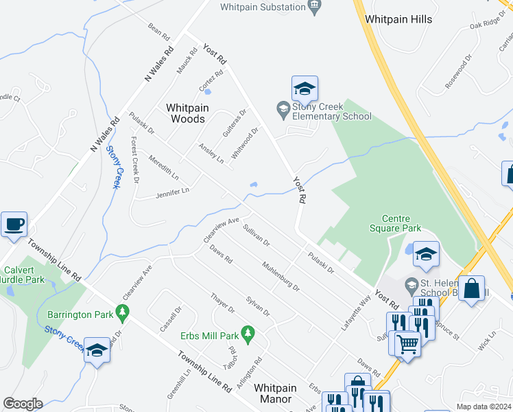 map of restaurants, bars, coffee shops, grocery stores, and more near 1681 Pulaski Drive in Blue Bell