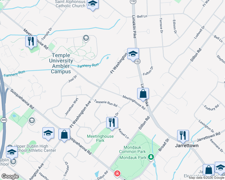 map of restaurants, bars, coffee shops, grocery stores, and more near 1020 Meetinghouse Rd in Ambler