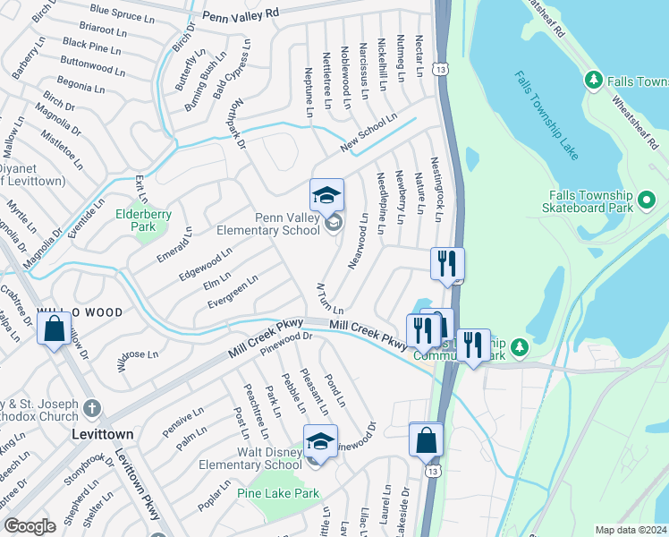 map of restaurants, bars, coffee shops, grocery stores, and more near 130 North Turn Lane in Levittown