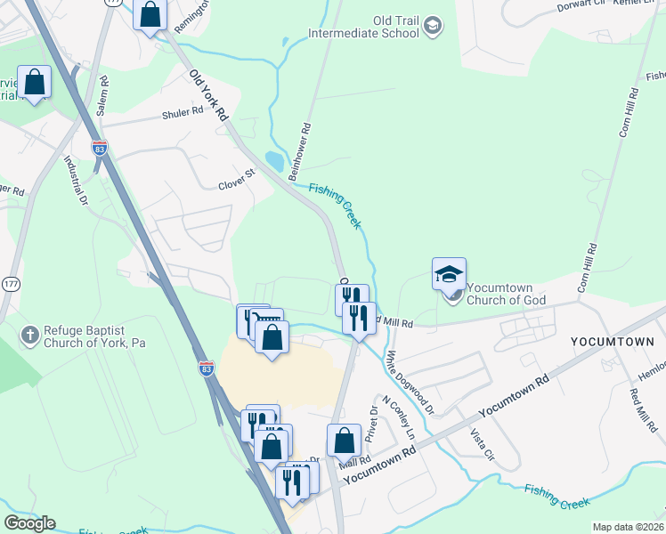 map of restaurants, bars, coffee shops, grocery stores, and more near 775 Old Trail Road in York County