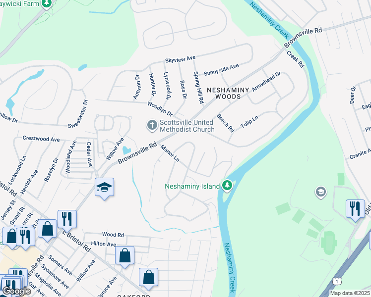 map of restaurants, bars, coffee shops, grocery stores, and more near 213 Buttonwood Drive in Langhorne
