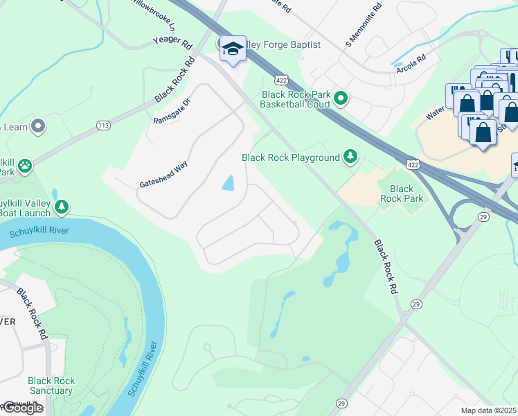 map of restaurants, bars, coffee shops, grocery stores, and more near 103 Oriole Lane in Phoenixville