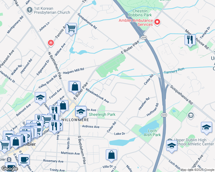 map of restaurants, bars, coffee shops, grocery stores, and more near 90 Hampstead Drive in Ambler