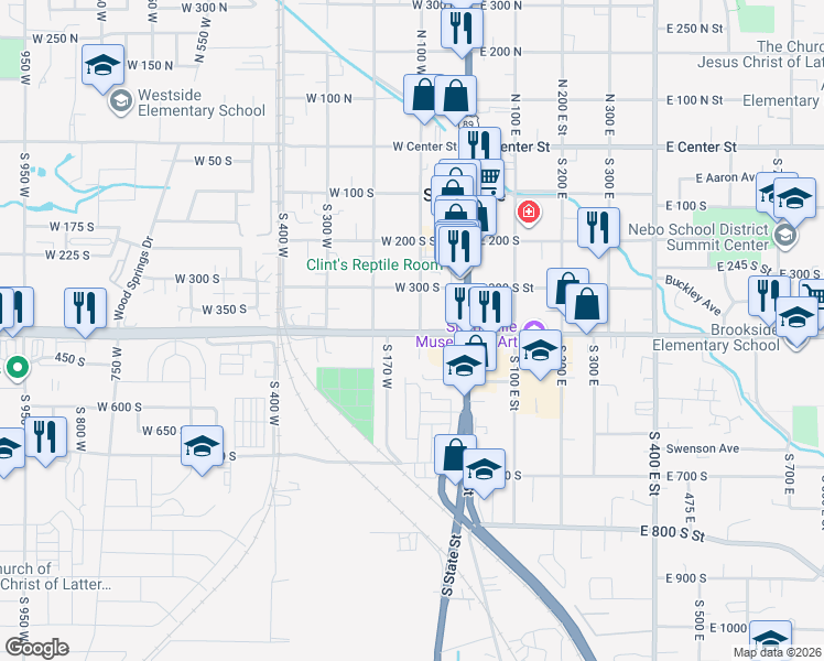 map of restaurants, bars, coffee shops, grocery stores, and more near 159 400 South in Springville