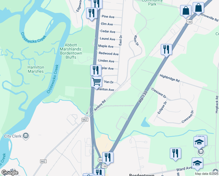map of restaurants, bars, coffee shops, grocery stores, and more near 13 Stanton Avenue in Bordentown