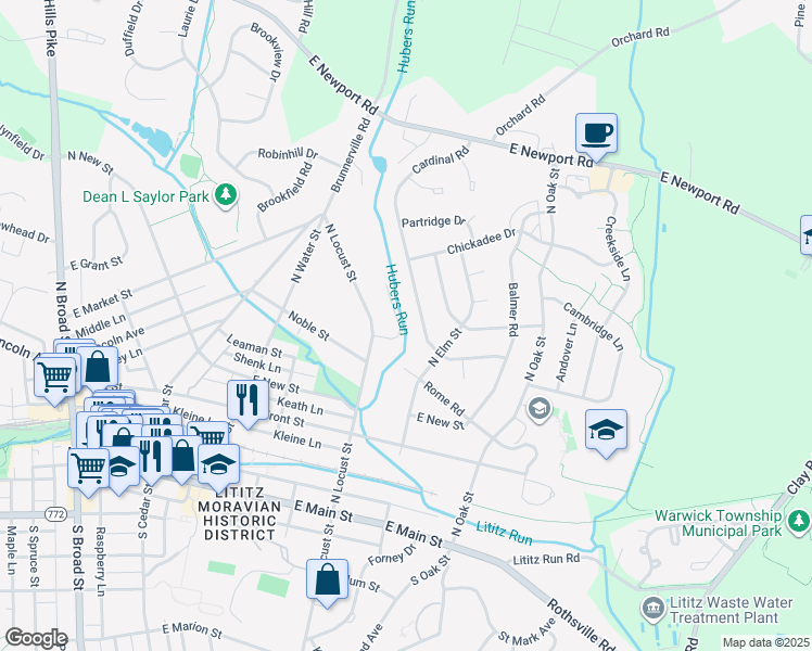 map of restaurants, bars, coffee shops, grocery stores, and more near in Lititz