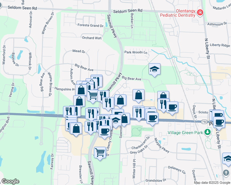 map of restaurants, bars, coffee shops, grocery stores, and more near 9392 Clermont Boulevard in Powell