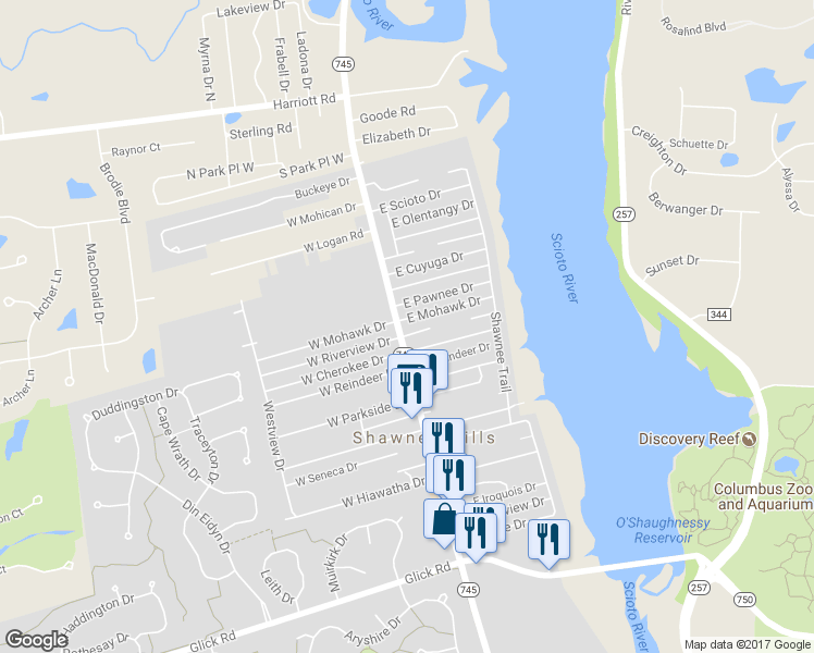 map of restaurants, bars, coffee shops, grocery stores, and more near 9540 Dublin Road in Powell