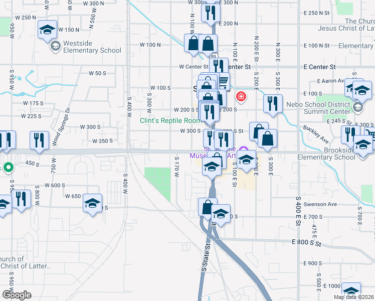 map of restaurants, bars, coffee shops, grocery stores, and more near 159 400 South in Springville