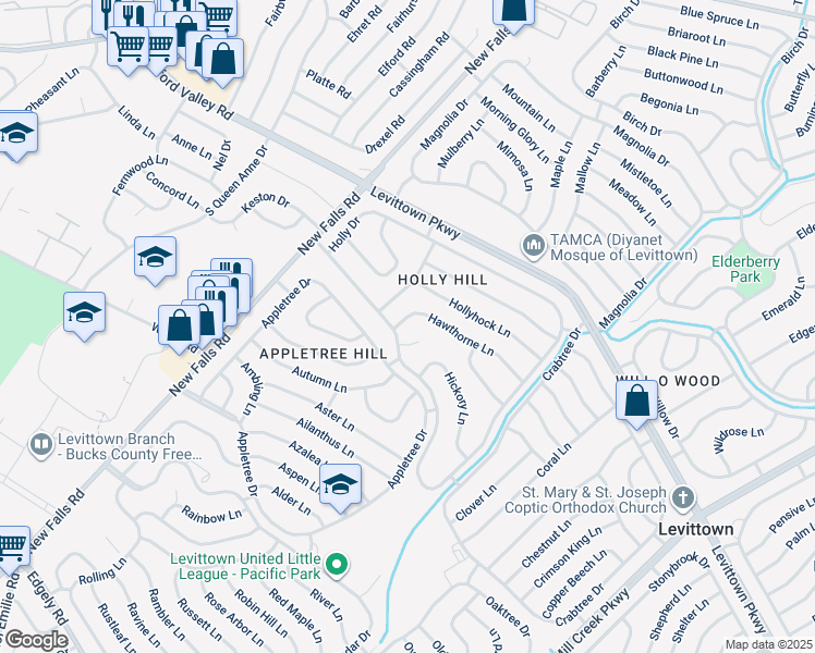 map of restaurants, bars, coffee shops, grocery stores, and more near 81 Hawthorne Lane in Levittown
