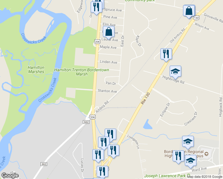map of restaurants, bars, coffee shops, grocery stores, and more near 13 Stanton Avenue in Bordentown
